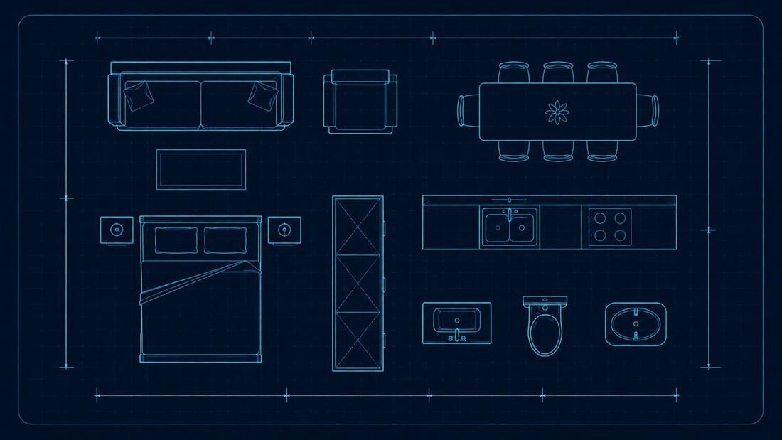Blocos de mobiliário em vista superior: sofá, cama, mesa e cozinha