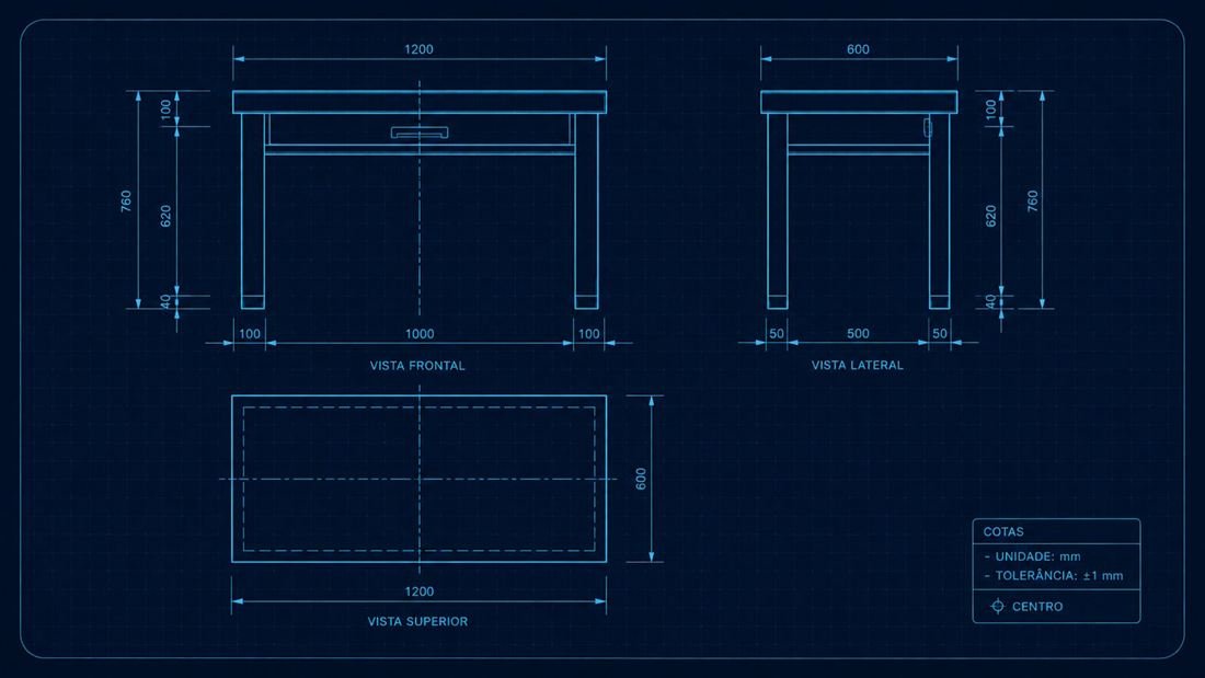 Vistas frontal, lateral e superior de mesa com cotagem em milímetros